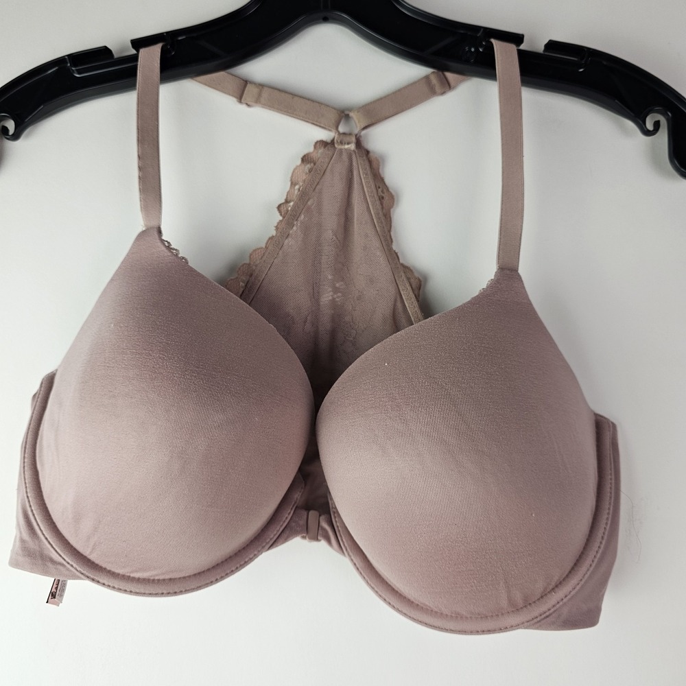 Victoria's Secret Body Victoria Racerback Demi 34DD 34E Front Closure Nude Beige